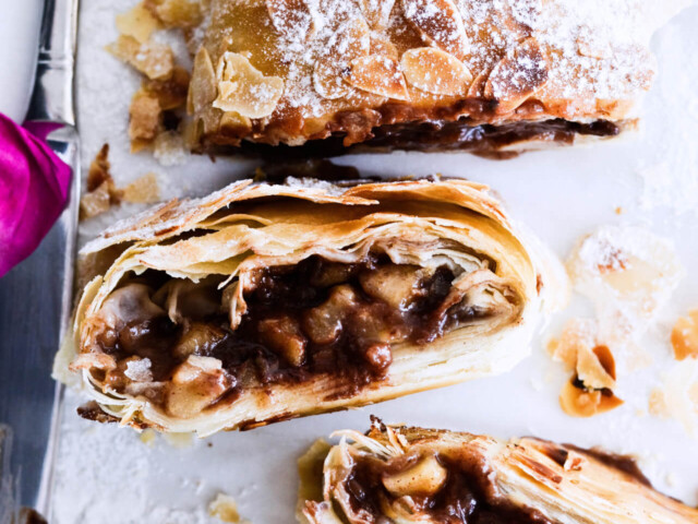 Easy chocolate pear strudel with cinnamon and almond flavor makes the perfect holiday dessert! Great warm or cold, made easily with phyllo pastry. Quick dessert!