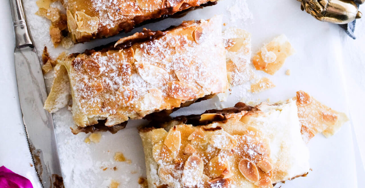 Easy chocolate pear strudel with cinnamon and almond flavor makes the perfect holiday dessert! Great warm or cold, made easily with phyllo pastry. Quick dessert!
