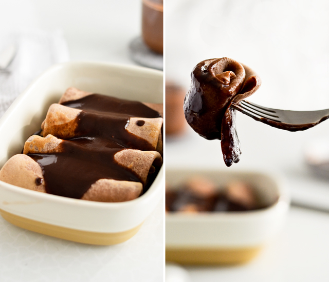 Triple chocolate crepes with warm chocolate sauce