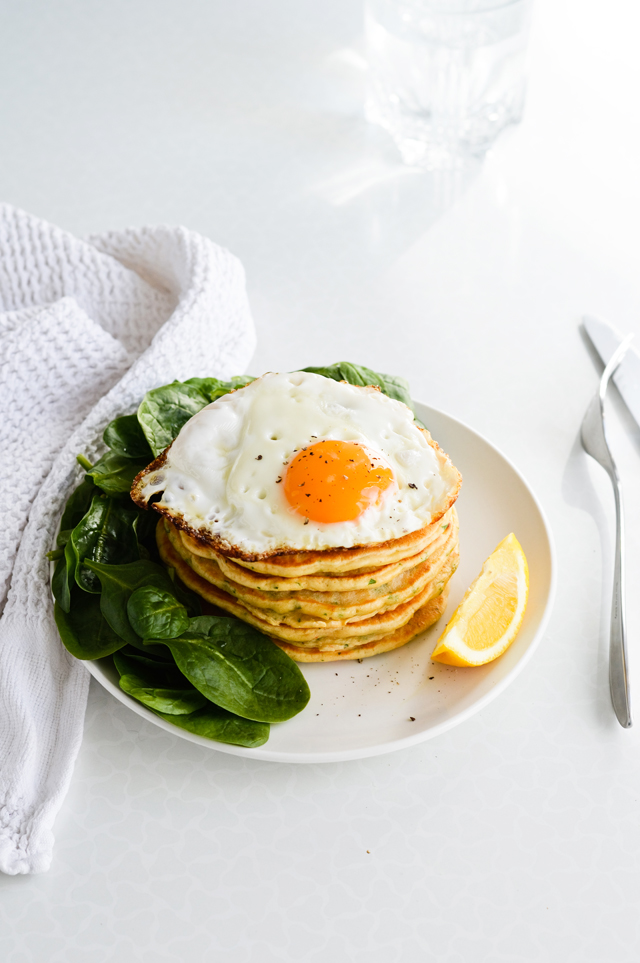 Savory pancakes wirh fried egg and spinach