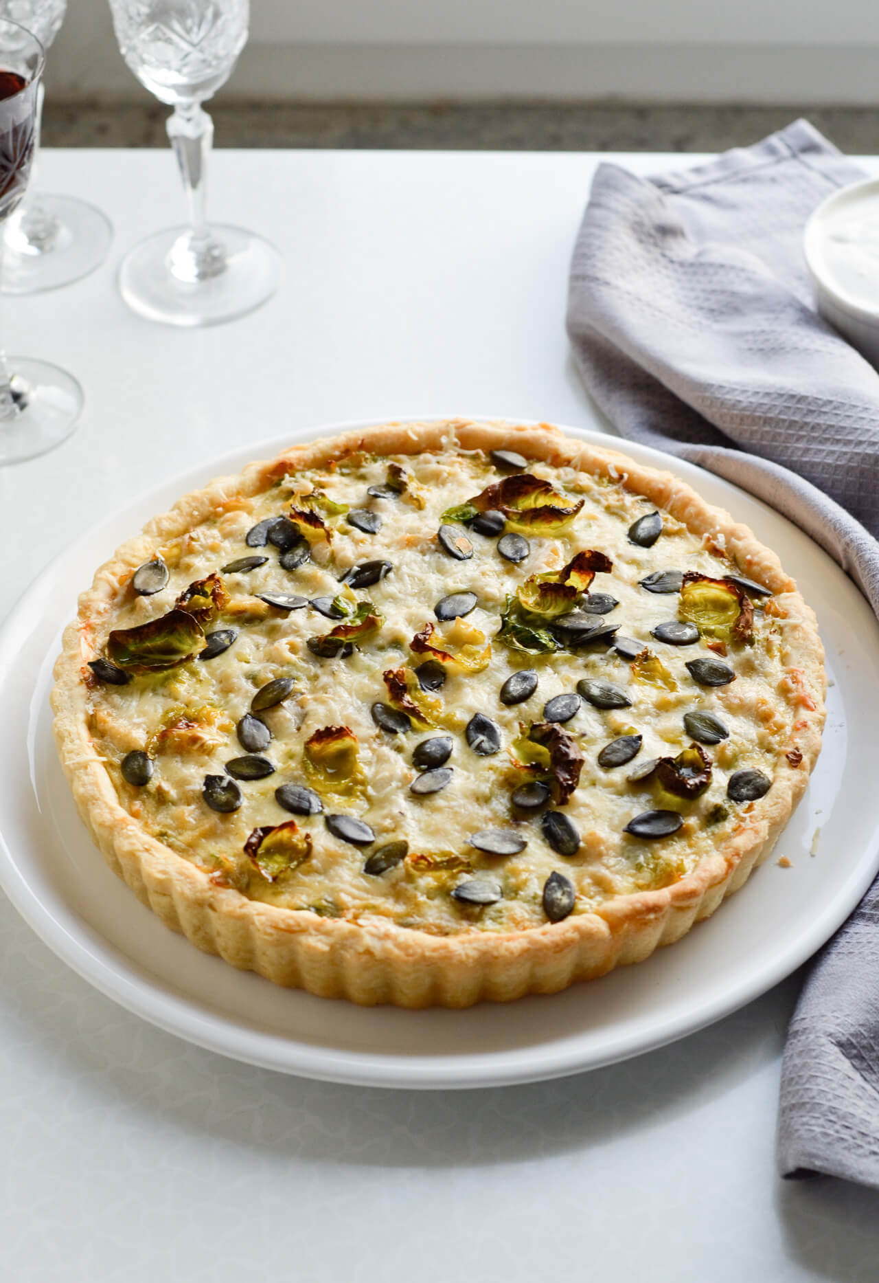Leek brussels sprout quiche - a great vegetarian recipe to make for brunch or dinner.