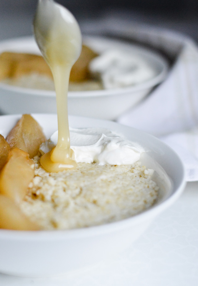 Creamy millet porridge with maple poached pears, yogurt, honey