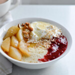 creamy millet porridge with maple poached pears and honey yogurt