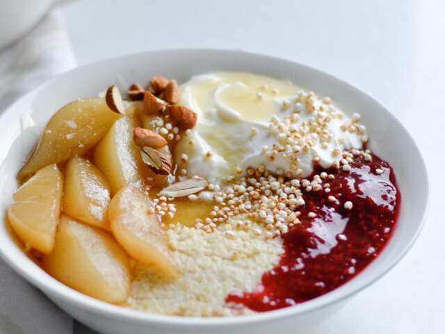 creamy millet porridge with maple poached pears and honey yogurt