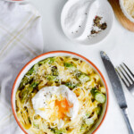creamy asparagus tagliatelle with poached eggs