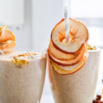 Creamy oatmeal apple smoothie with dates, hazelnuts and honey. Great breakfast or snack, for when you want apple pie but in a healthy package. | sugarsalted.com