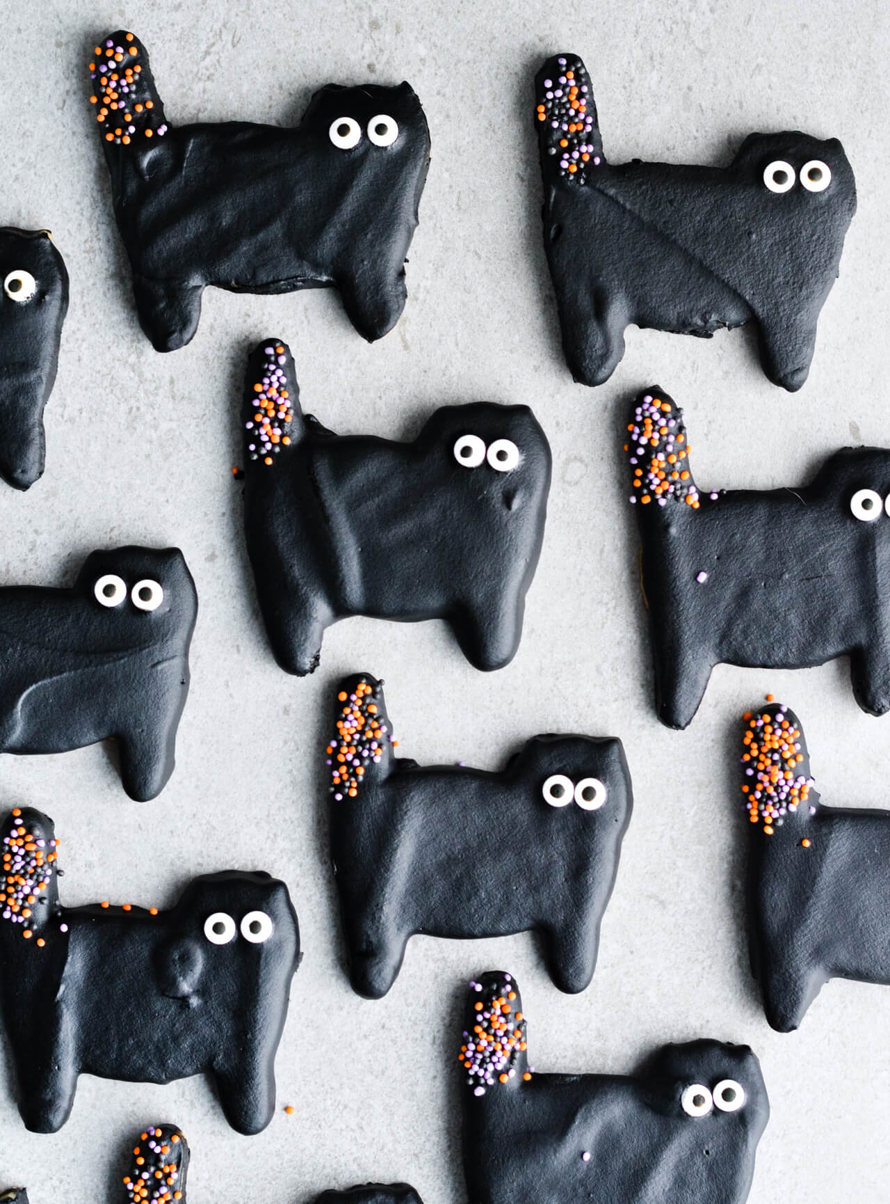 Dark chocolate cat cookies, perfect for Halloween! Or just any other fun day of the year. Sugar cookies coated with black dark chocolate and lots of sprinkles. | sugarsalted.com