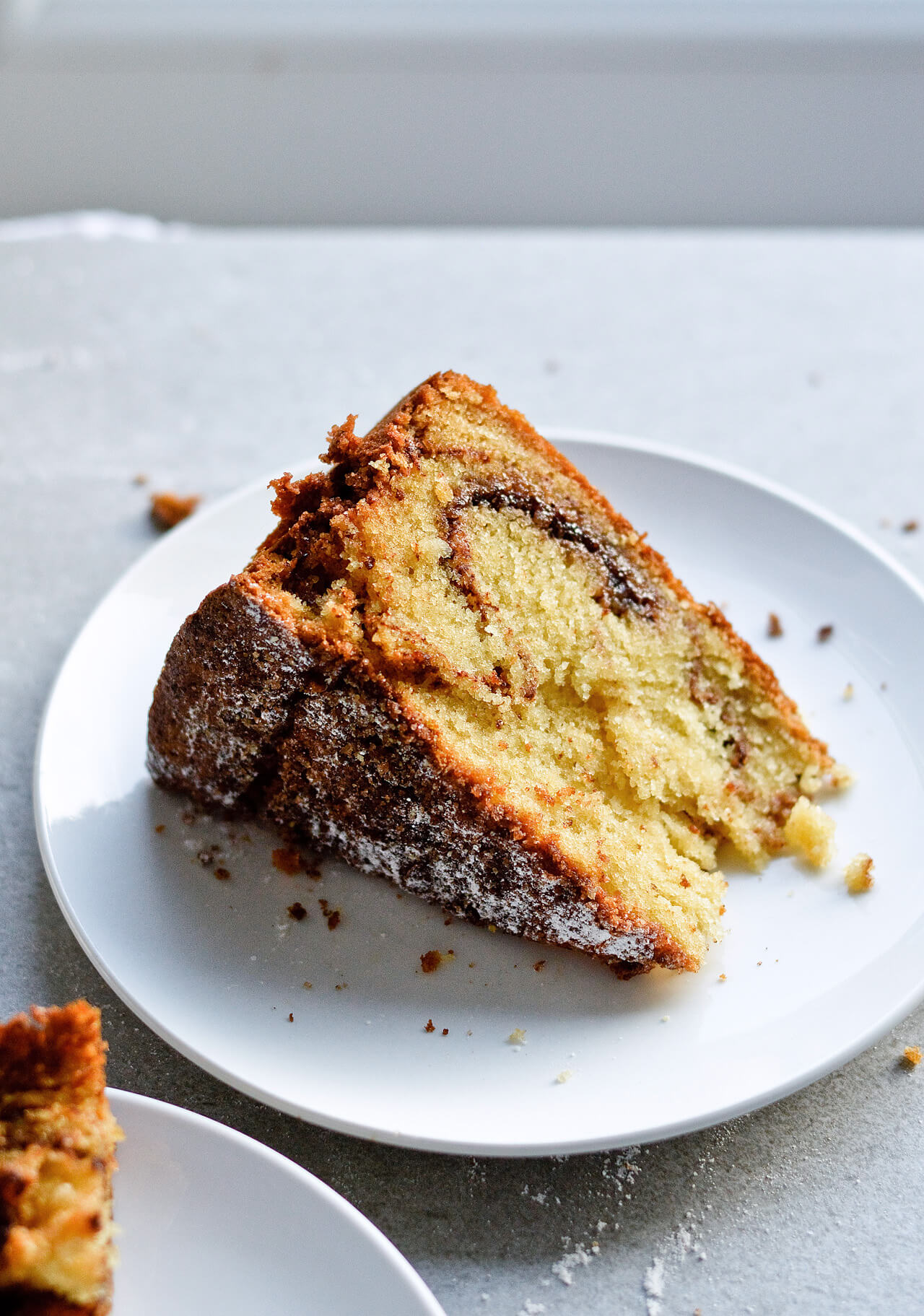 Slice of sour cream cinnamon coffee cake 