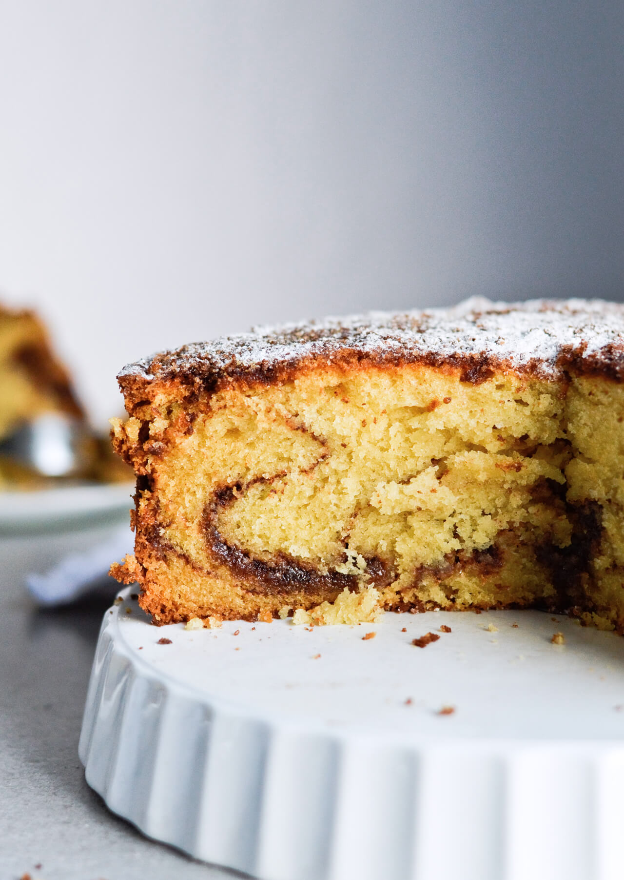 close view of sliced coffee cake with cinnamon swirl 