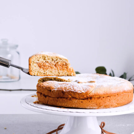 Recipe for Slovenian apple pie, which is almost a torte. Made with a sour cream, crumbly and cookie-like crust, topped with grated apples which make a very juicy filling. Easily sliced into pieces and perfect for serving to a group or potluck parties. Very easy to make. | sugarsalted.com