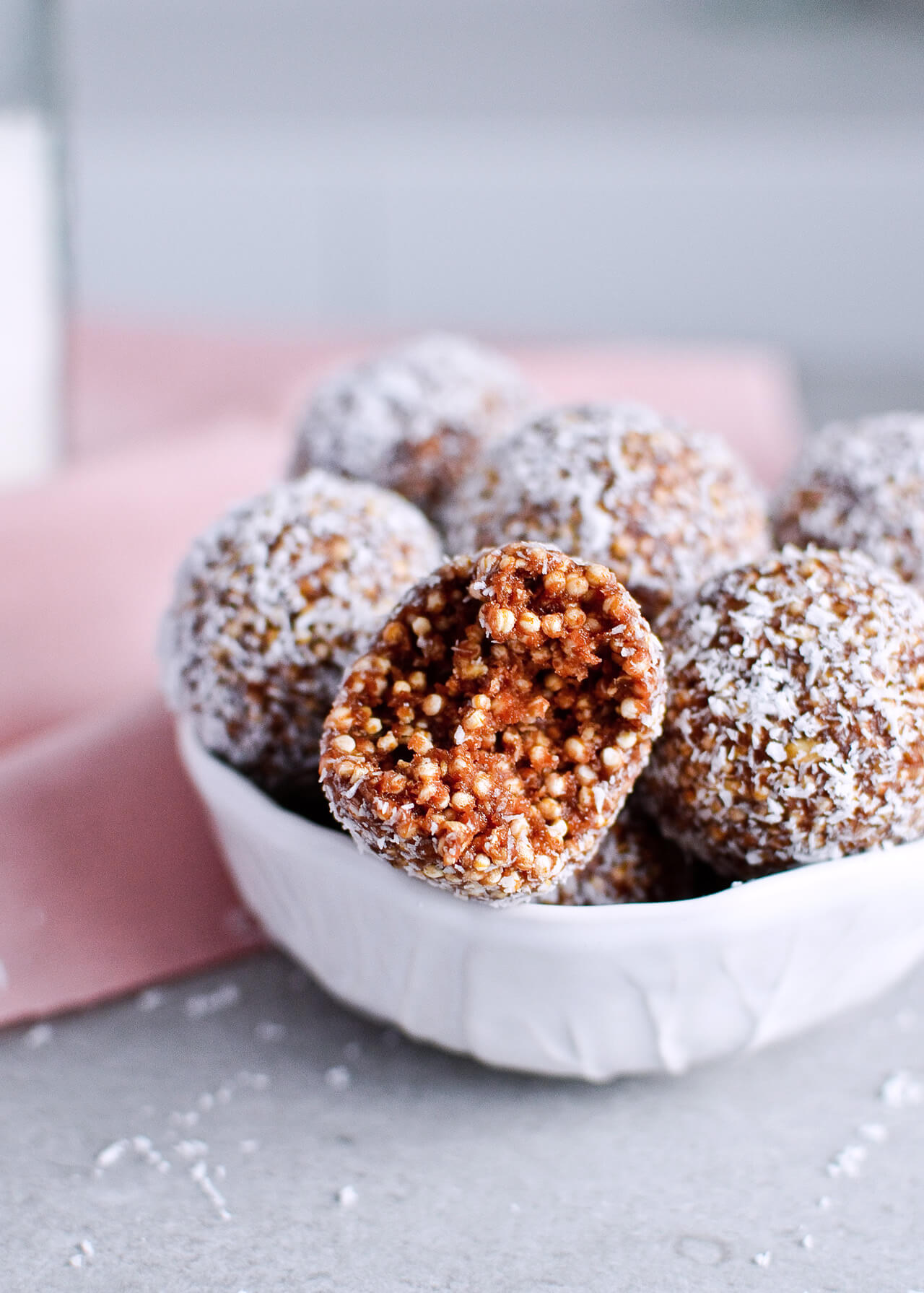 Recipe for Puffed quinoa date energy balls, packed with all the good stuff! Great healthy snack. | sugarsalted.com