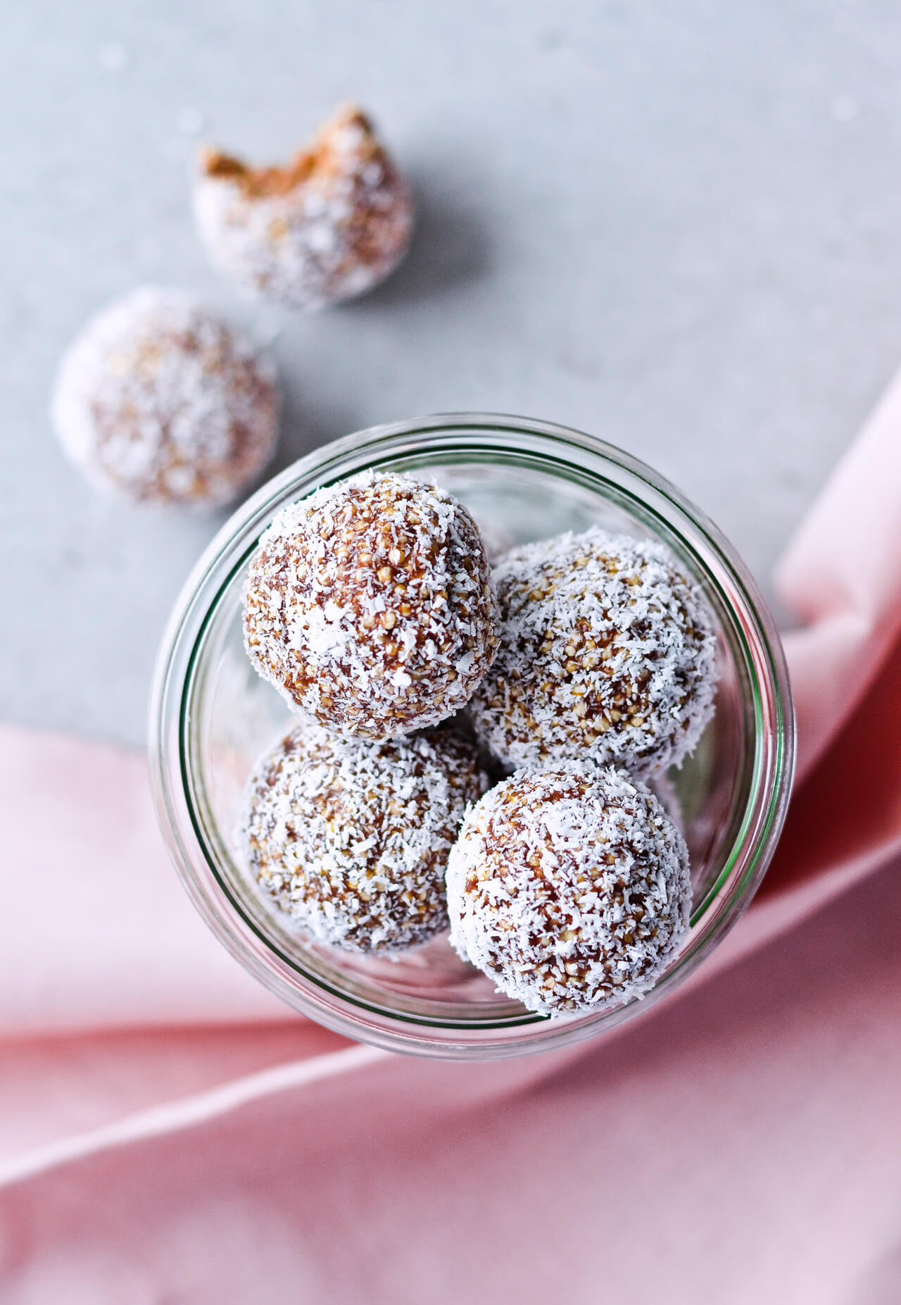 Recipe for Puffed quinoa date energy balls, packed with all the good stuff! Great healthy snack. | sugarsalted.com