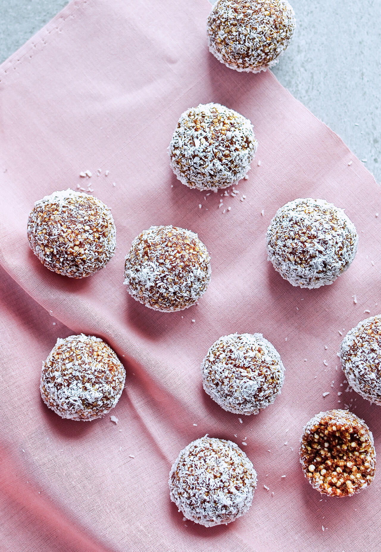 Recipe for Puffed quinoa date energy balls, packed with all the good stuff! Great healthy snack. | sugarsalted.com