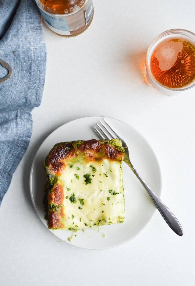Family's favorite dinner! Eeasy creamed spinach lasagna - made with homemade creamed spinach and bechamel. Can be made ahead and reheated.