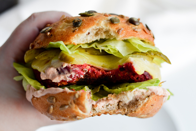 Royal vegetarian bean beet burger is the best vegetarian burger ever. Made with beets, beans, topped with honey mustard, cheese, lettuce, pickles and more! Totally dreamy, can be made ahead.