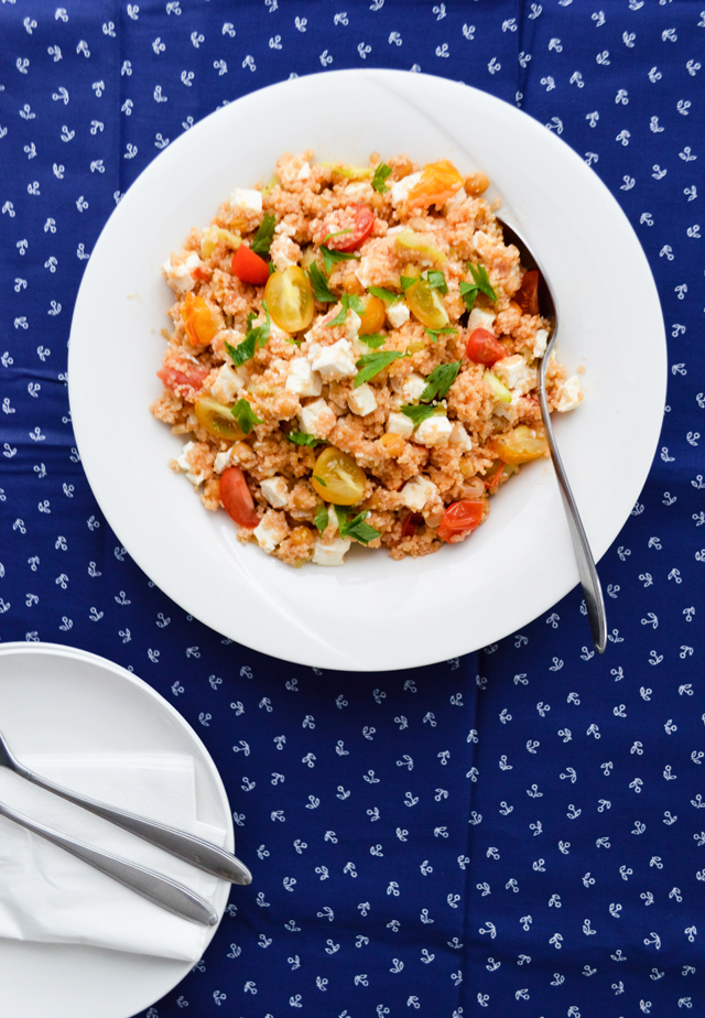 Warm couscous mediterranean salad is perfect for a quick summer dinner.
