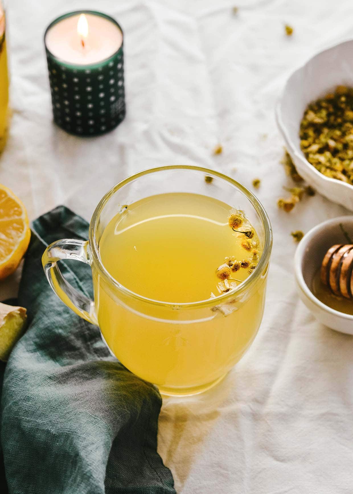 lemon chamomile tea with honey and ginger