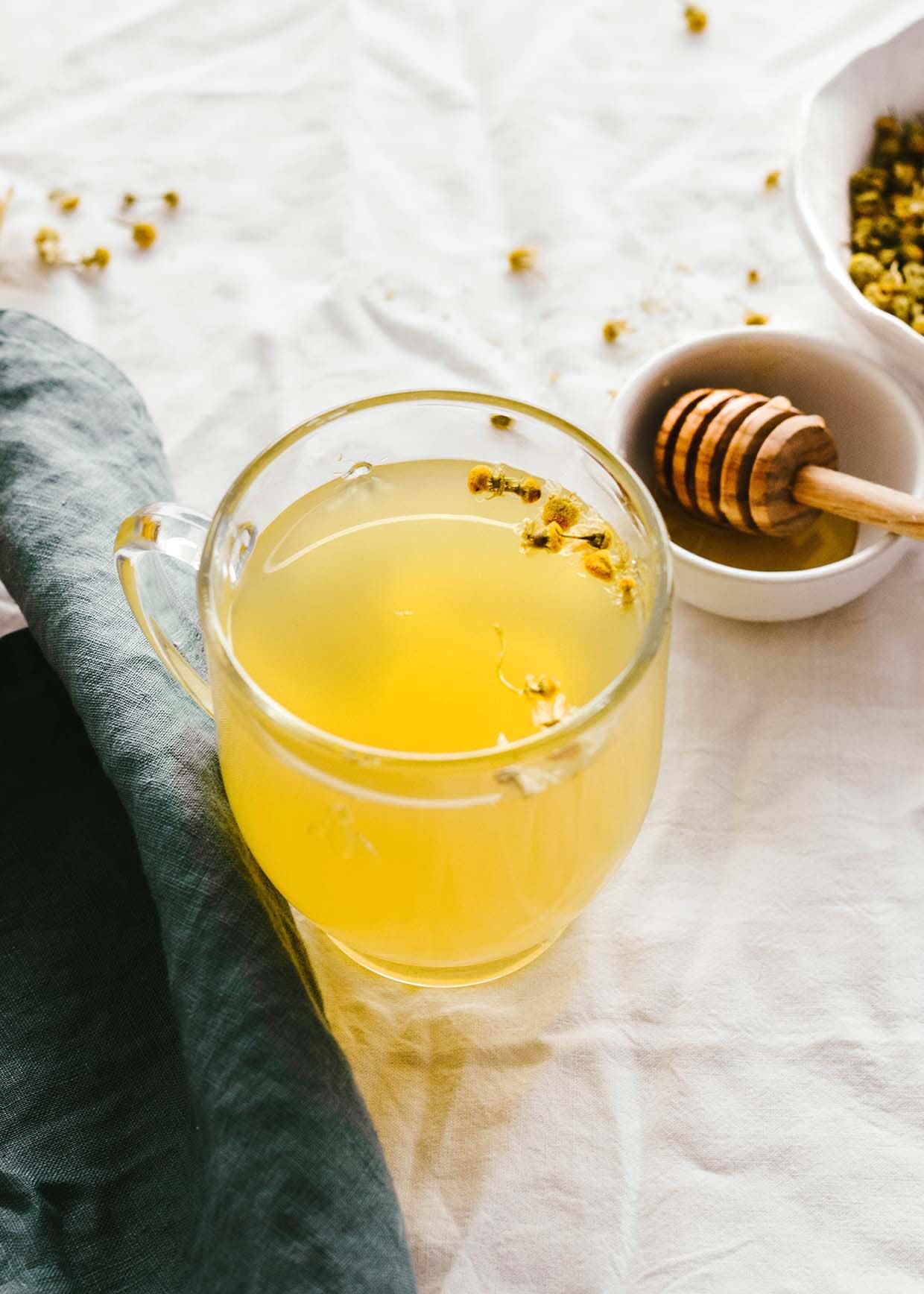 close view of chamomile tea in glass mug