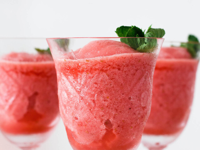 Super simple summer drink or dessert for adults. Lemon strawberry frosé (frozen rosé) that is refreshing, sweet and pretty to look at.