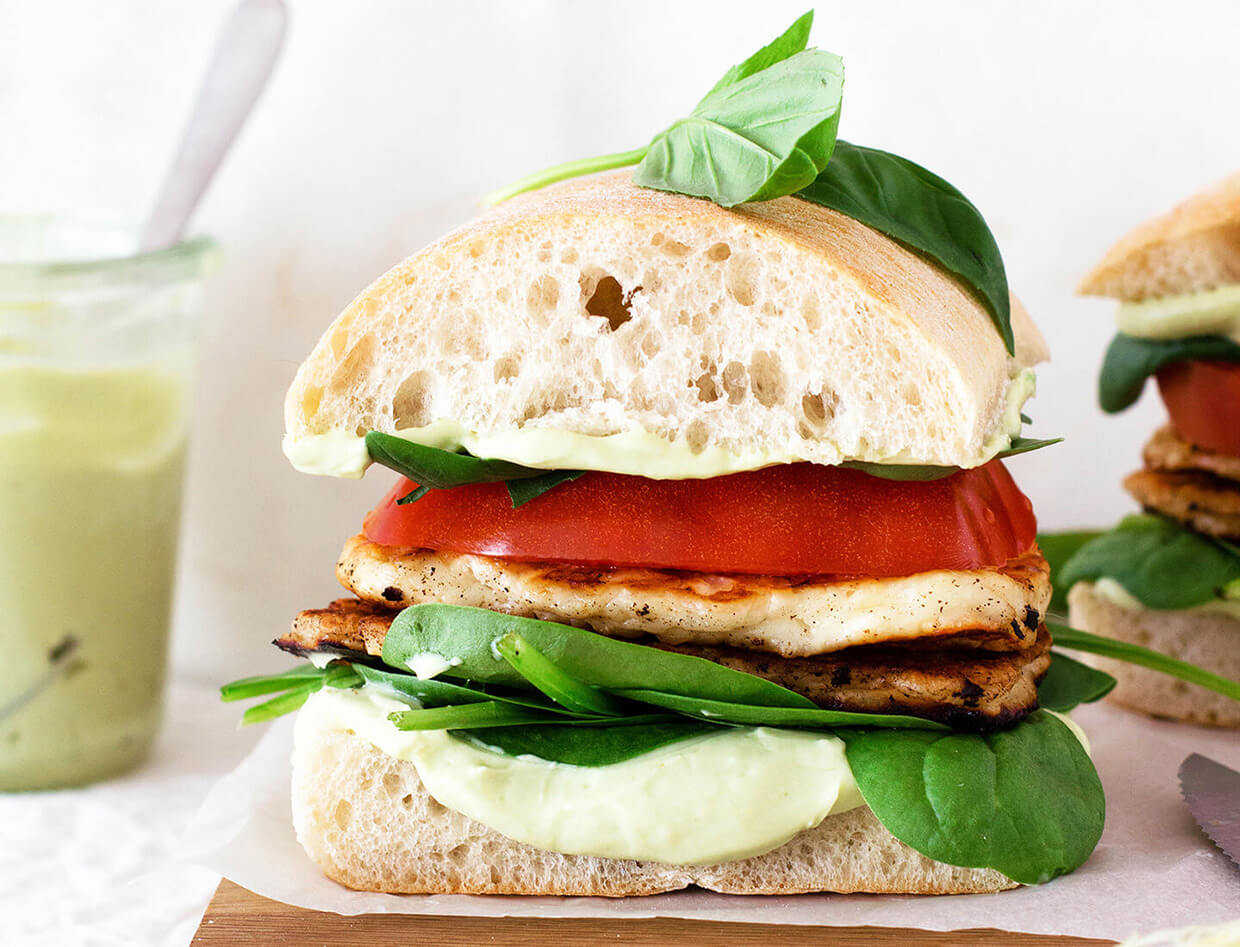 Avocado crema halloumi sandwich