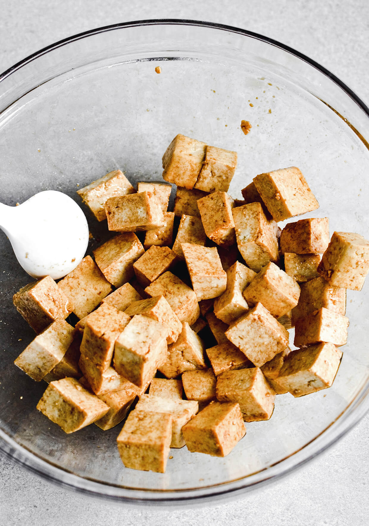 chopped tofu for Crispy tofu shaved brussels sprout salad with honey mustard dressing