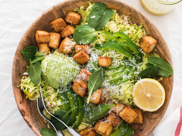 Crispy tofu shaved brussels sprout salad with honey mustard dressing