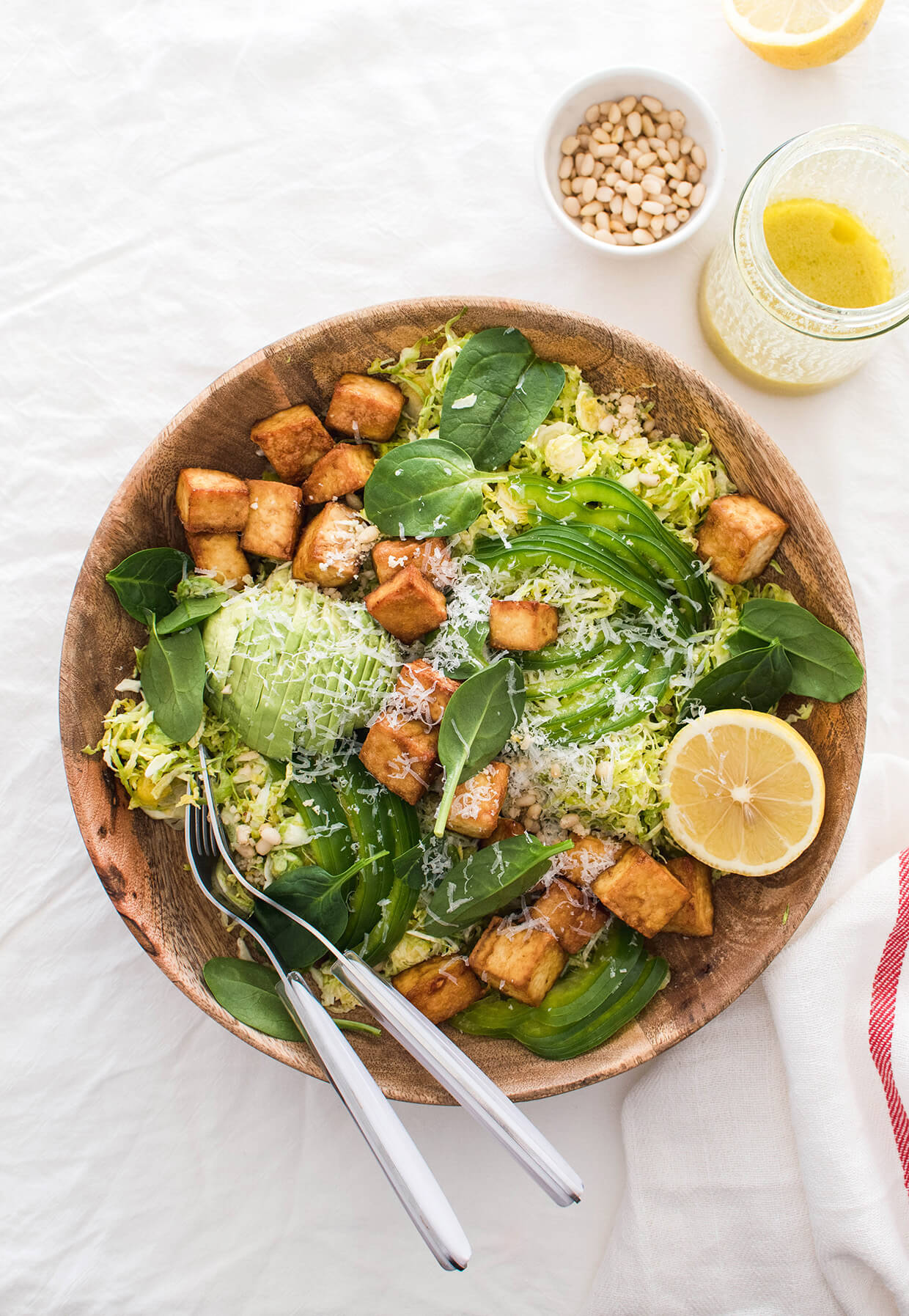 Crispy tofu shaved brussels sprout salad with honey mustard dressing