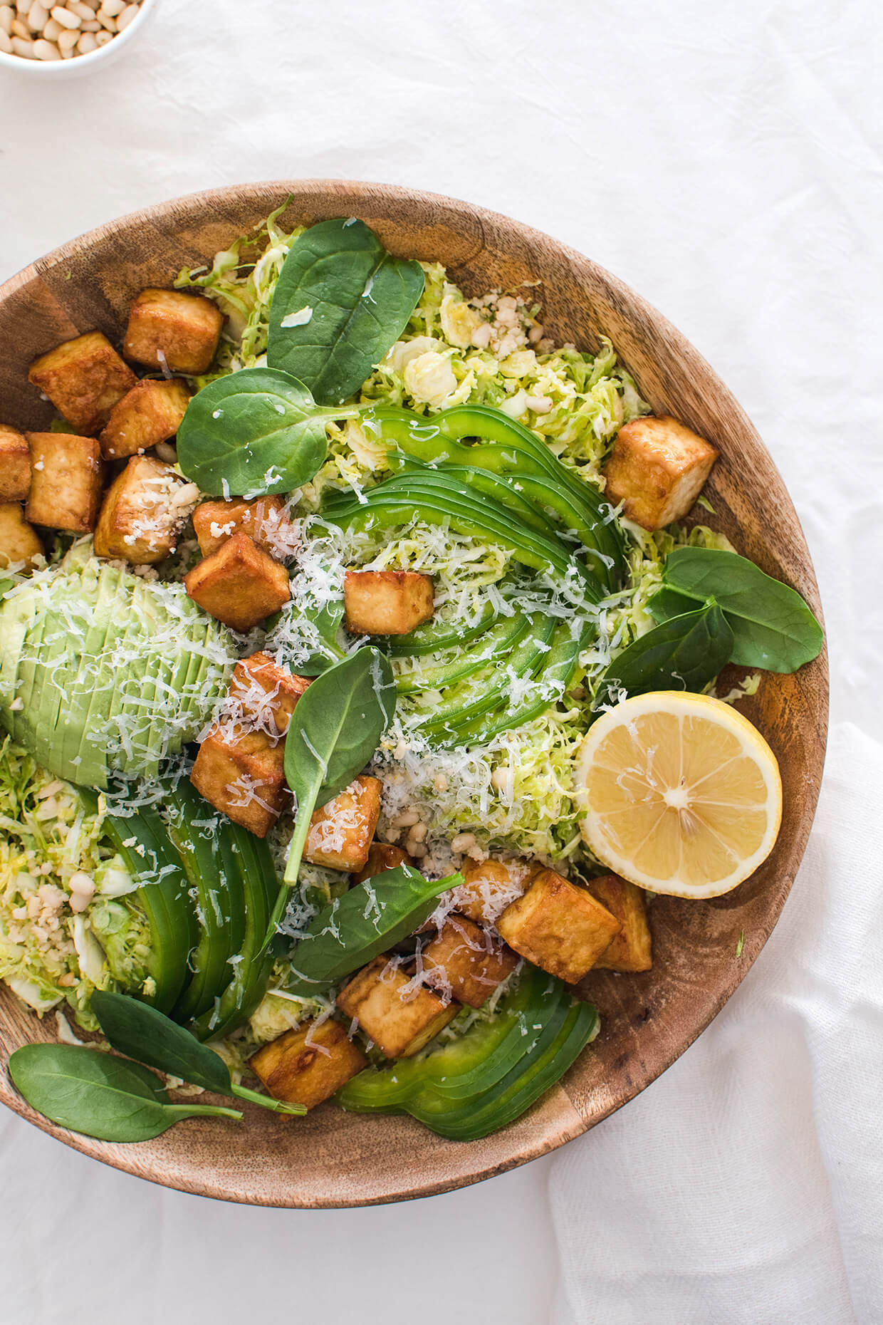 Crispy tofu shaved brussels sprout salad with honey mustard dressing