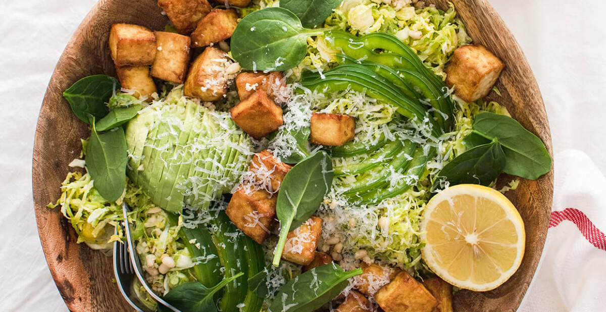 Crispy tofu shaved brussels sprout salad with honey mustard dressing