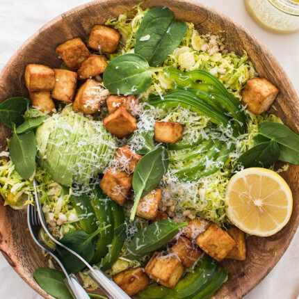 Crispy tofu shaved brussels sprout salad with honey mustard dressing