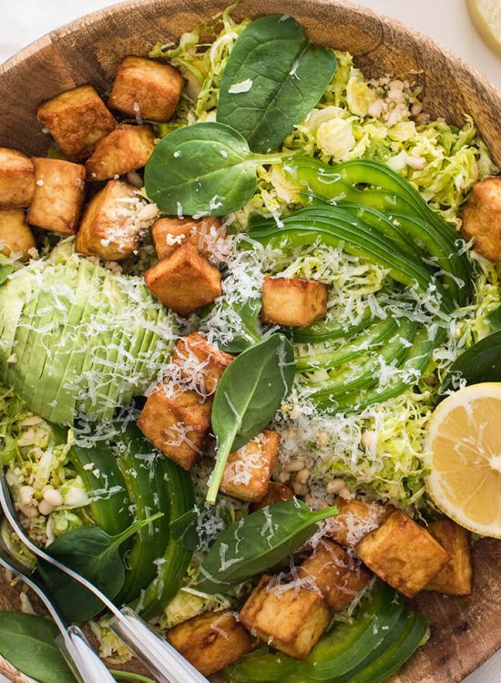 Crispy tofu shaved brussels sprout salad with honey mustard dressing