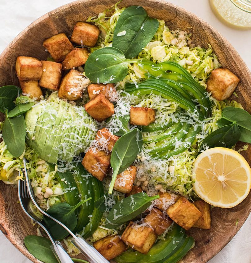 Crispy tofu shaved brussels sprout salad with honey mustard dressing