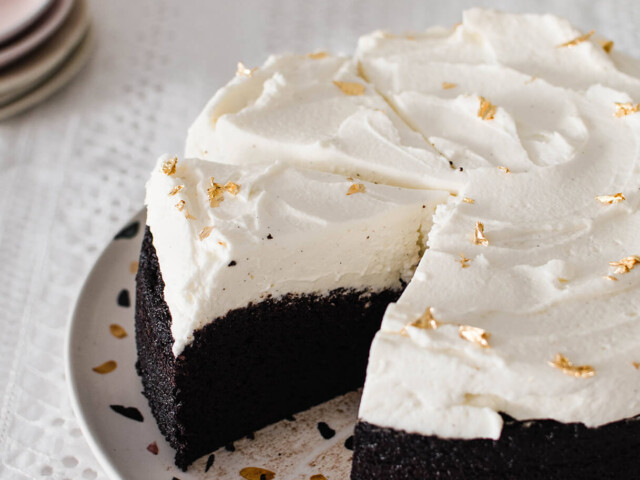 With a fierce chocolate flavor and superb mascarpone frosting, this chocolate stout cake just might be your new favorite cake! Single layer cake with plenty of frosting!