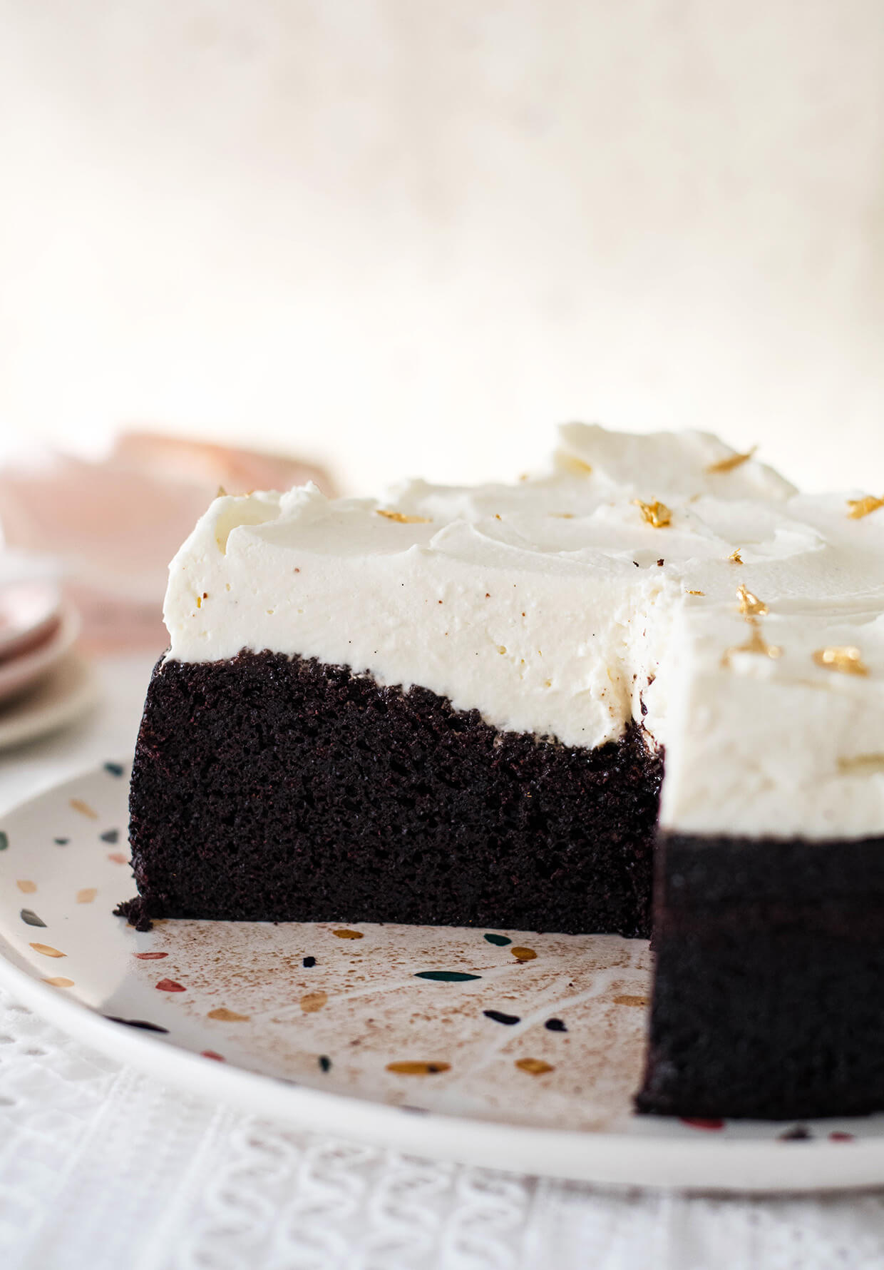 With a fierce chocolate flavor and superb mascarpone frosting, this chocolate stout cake just might be your new favorite cake! Single layer cake with plenty of frosting!
