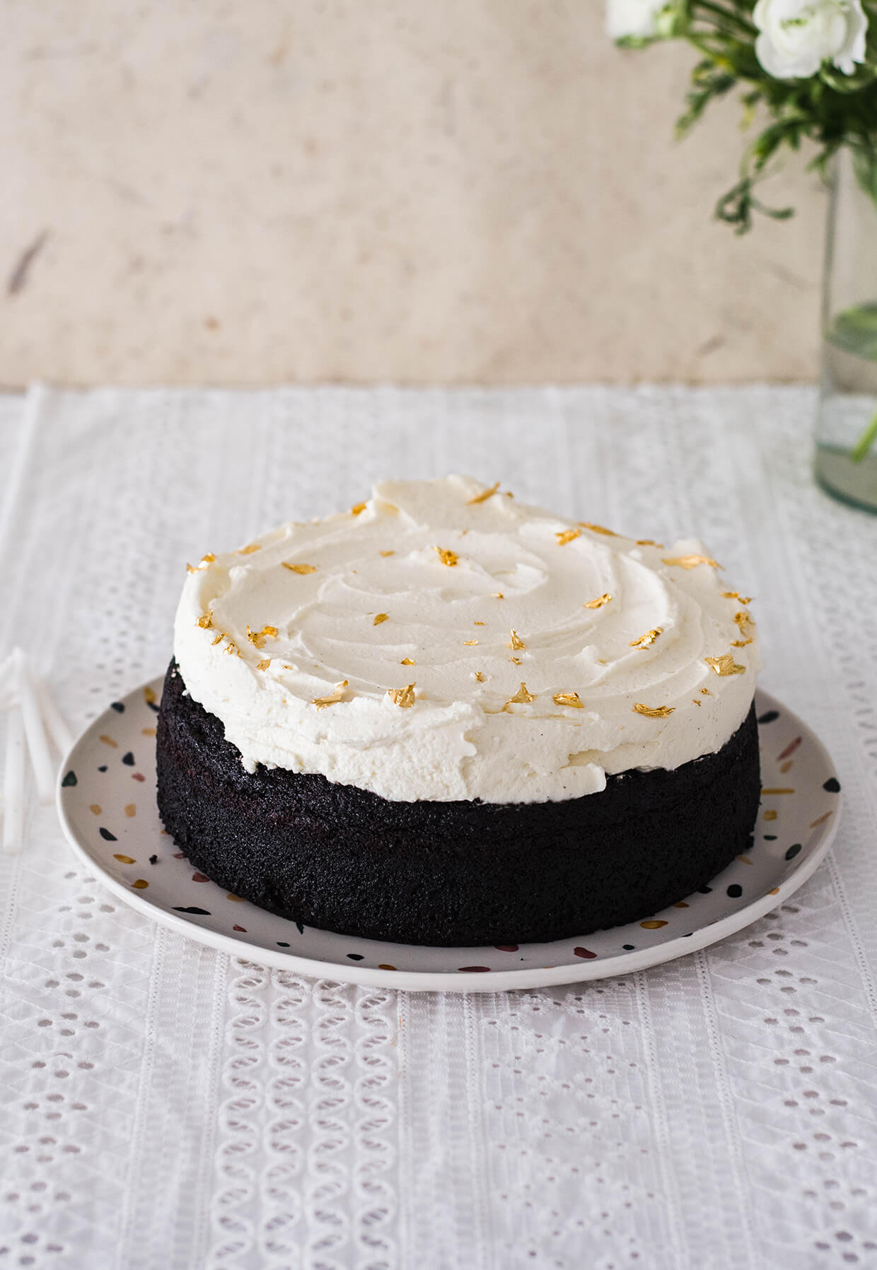 With a fierce chocolate flavor and superb mascarpone frosting, this chocolate stout cake just might be your new favorite cake! Single layer cake with plenty of frosting!