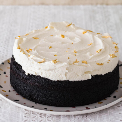 With a fierce chocolate flavor and superb mascarpone frosting, this chocolate stout cake just might be your new favorite cake! Single layer cake with plenty of frosting!