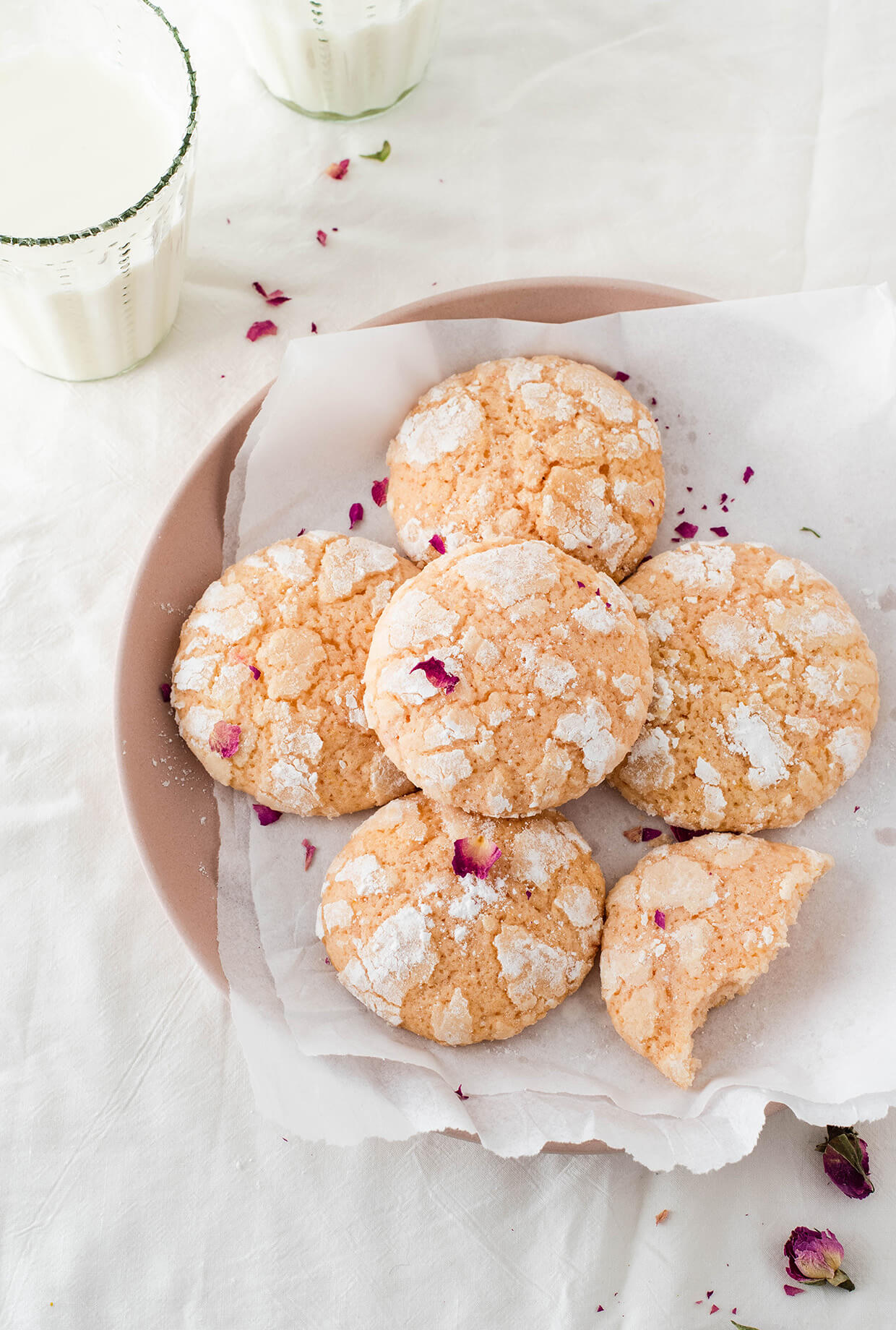 Recipe for rose water lemon crinkle cookies, fresh and tangy spring cookies great for every occasion! 