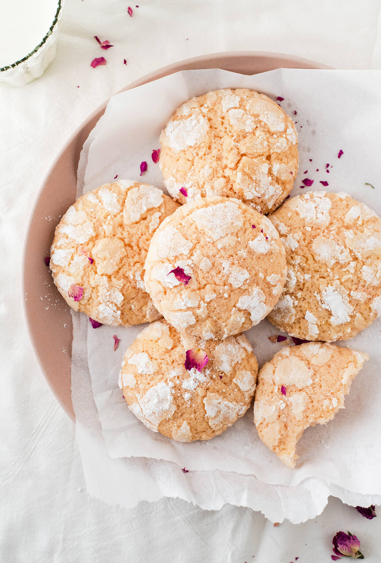 Recipe for rose water lemon crinkle cookies, fresh and tangy spring cookies great for every occasion! 