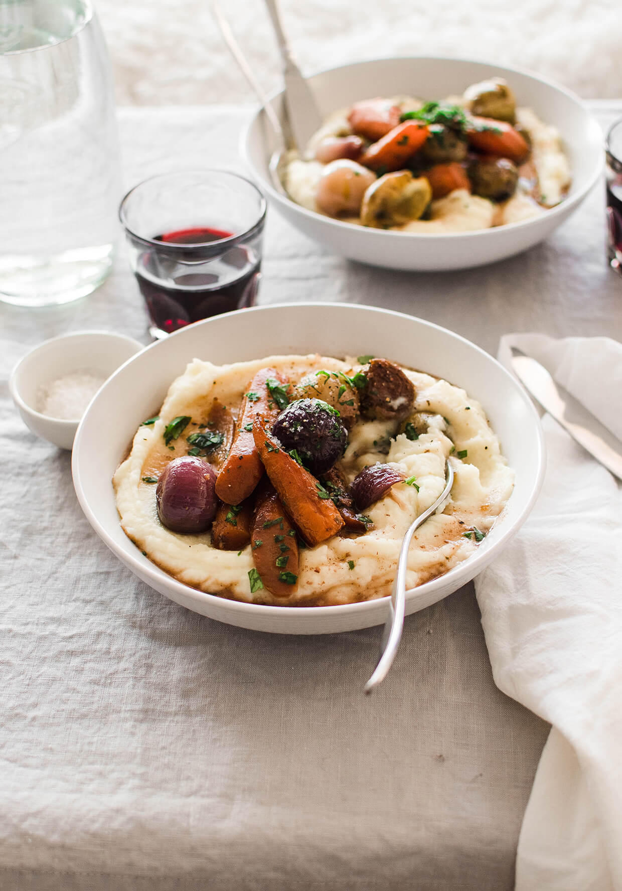 Learn how to make vegetarian brussels sprout carrot osso buco - a vegetarian take on an Italian classic dish. Packed with flavor and healthy vegetables!