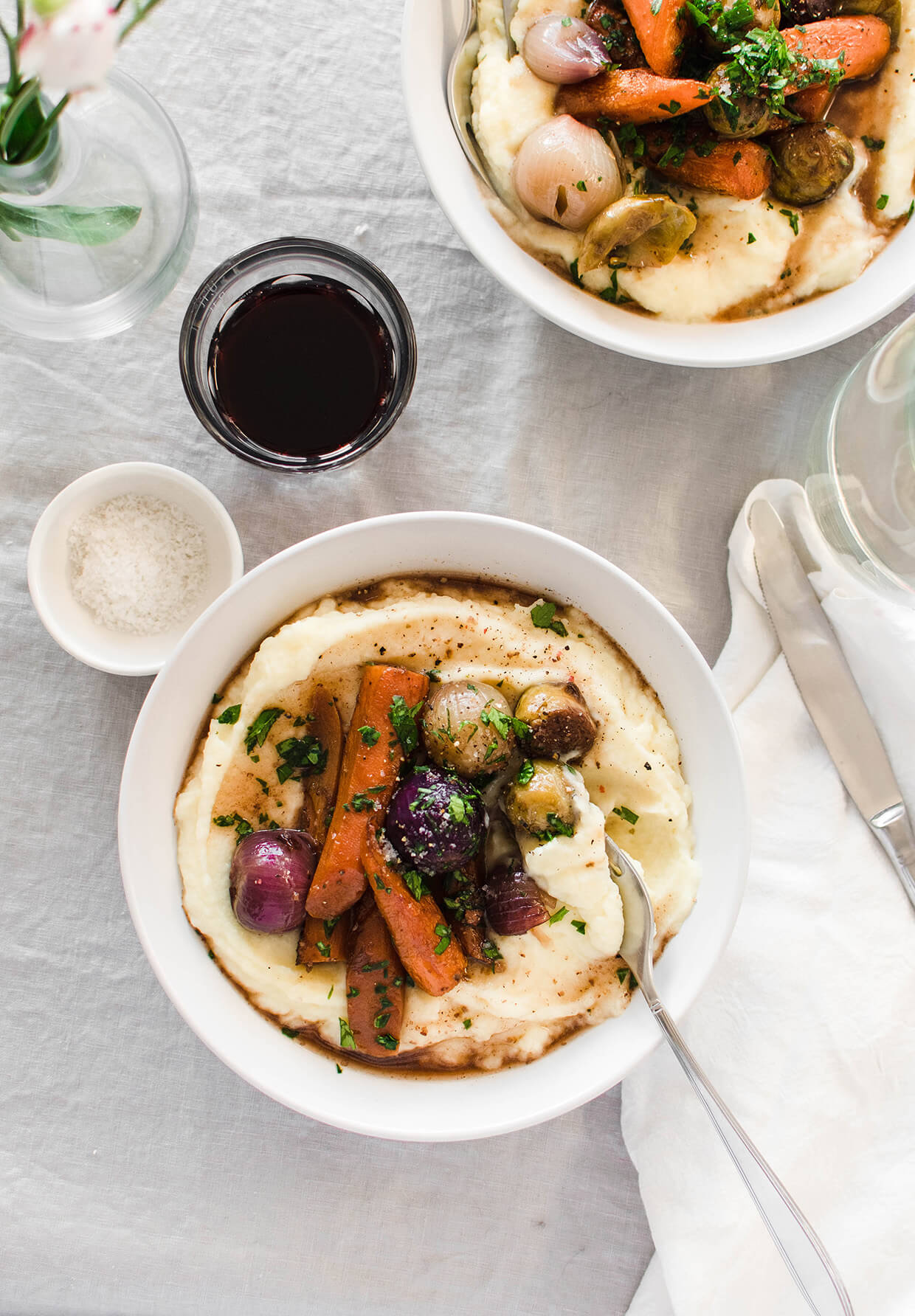 Learn how to make vegetarian brussels sprout carrot osso buco - a vegetarian take on an Italian classic dish. Packed with flavor and healthy vegetables!