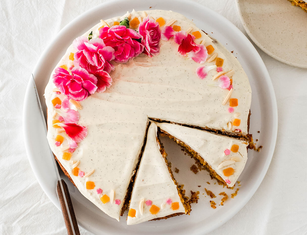 Orange almond carrot cake with creme fraiche frosting