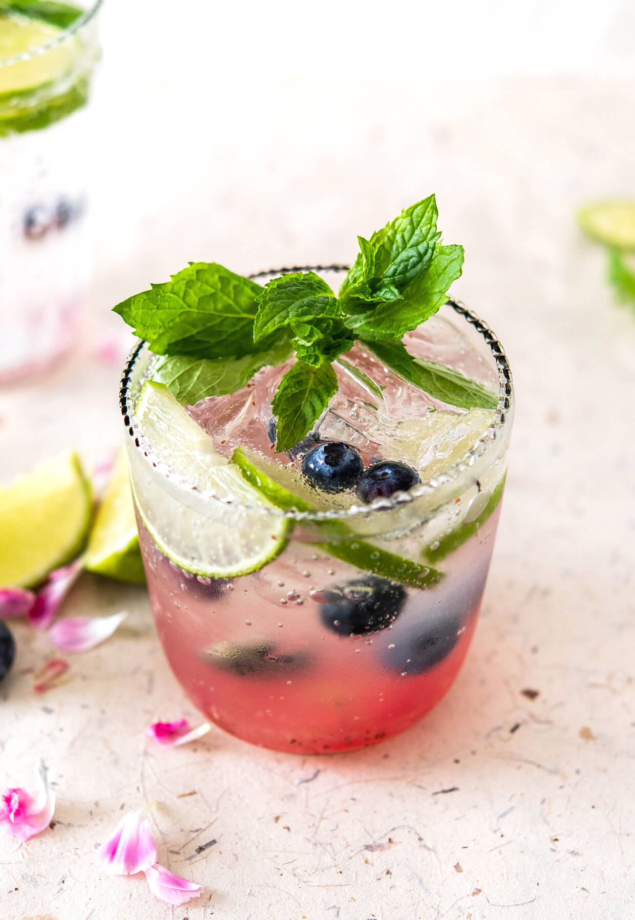 lime slices, mint, blueberries , ice mixed in glass
