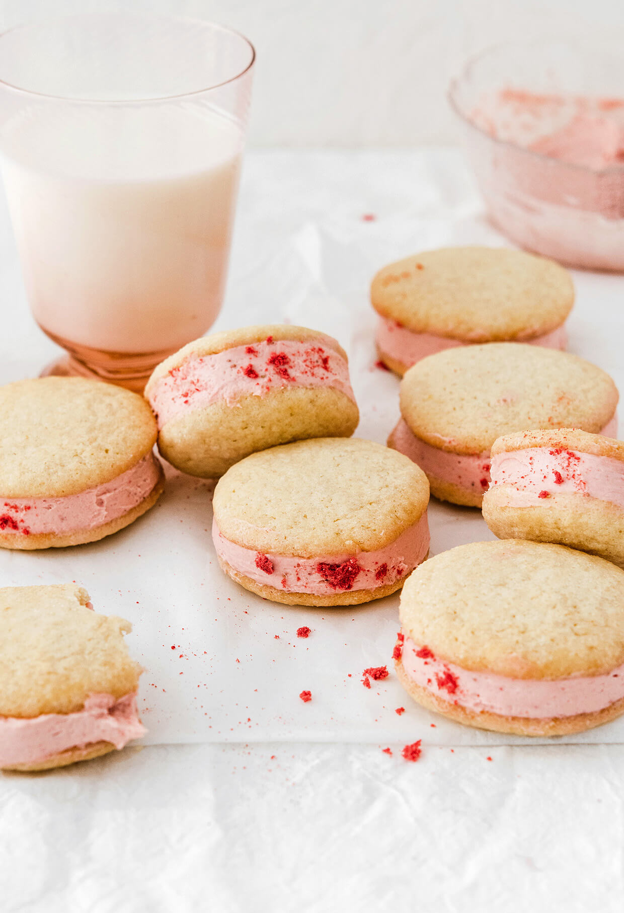 Lemon strawberry cheesecake sandwich cookies made with tub cream cheese and freeze dried strawberries, filling and easy to make, great for birthdays, parties, weddings, holidays.