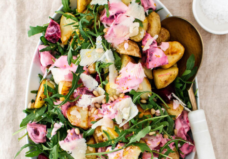 Roasted potatoes with arugula and creamy beets that will satisfy a crowd! A wholesome and simple vegetarian meal that comes together in 40 minutes!