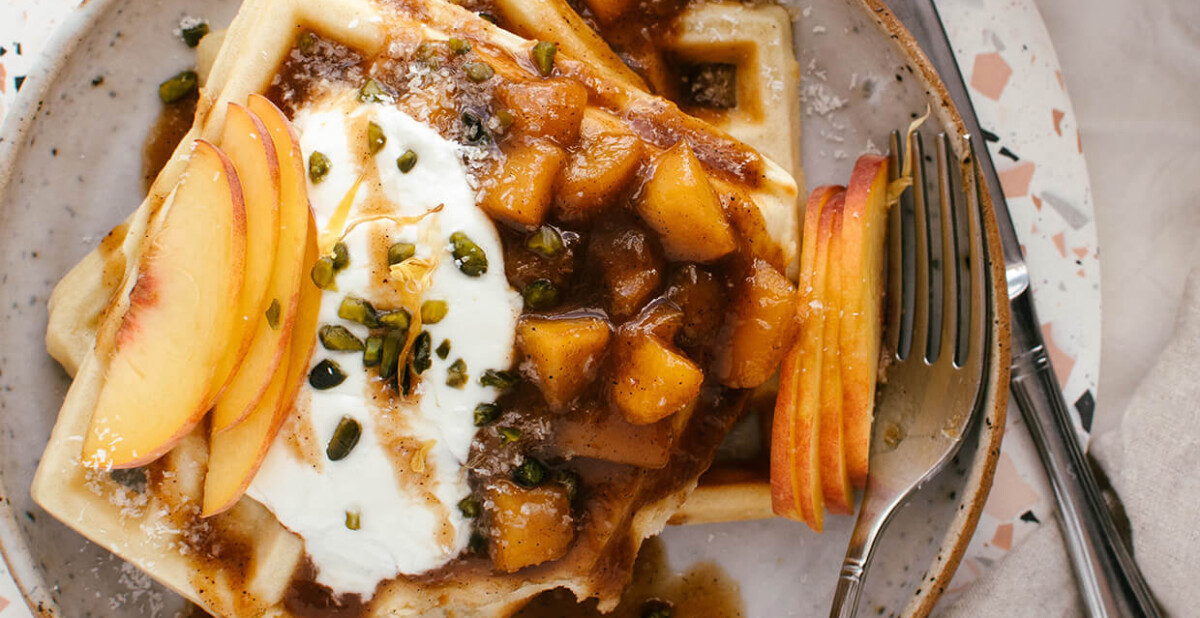 cinnamon maple peach sauce waffles