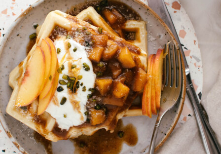 cinnamon maple peach sauce waffles