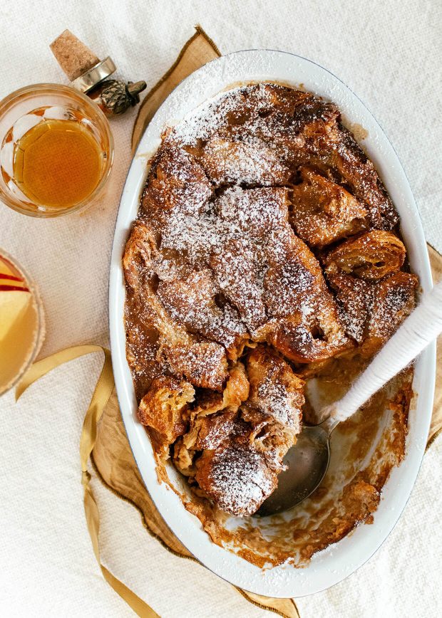 top down image of baked bread pudding