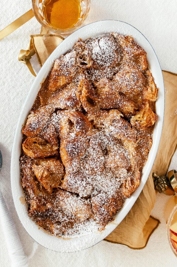 Caramel croissant pudding with rum and orange zest