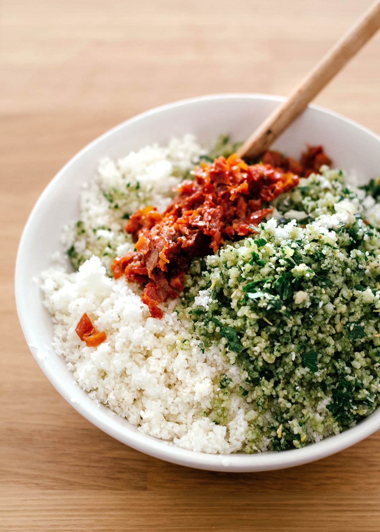 riced cauliflower with herbs and sun dried tomatoes 