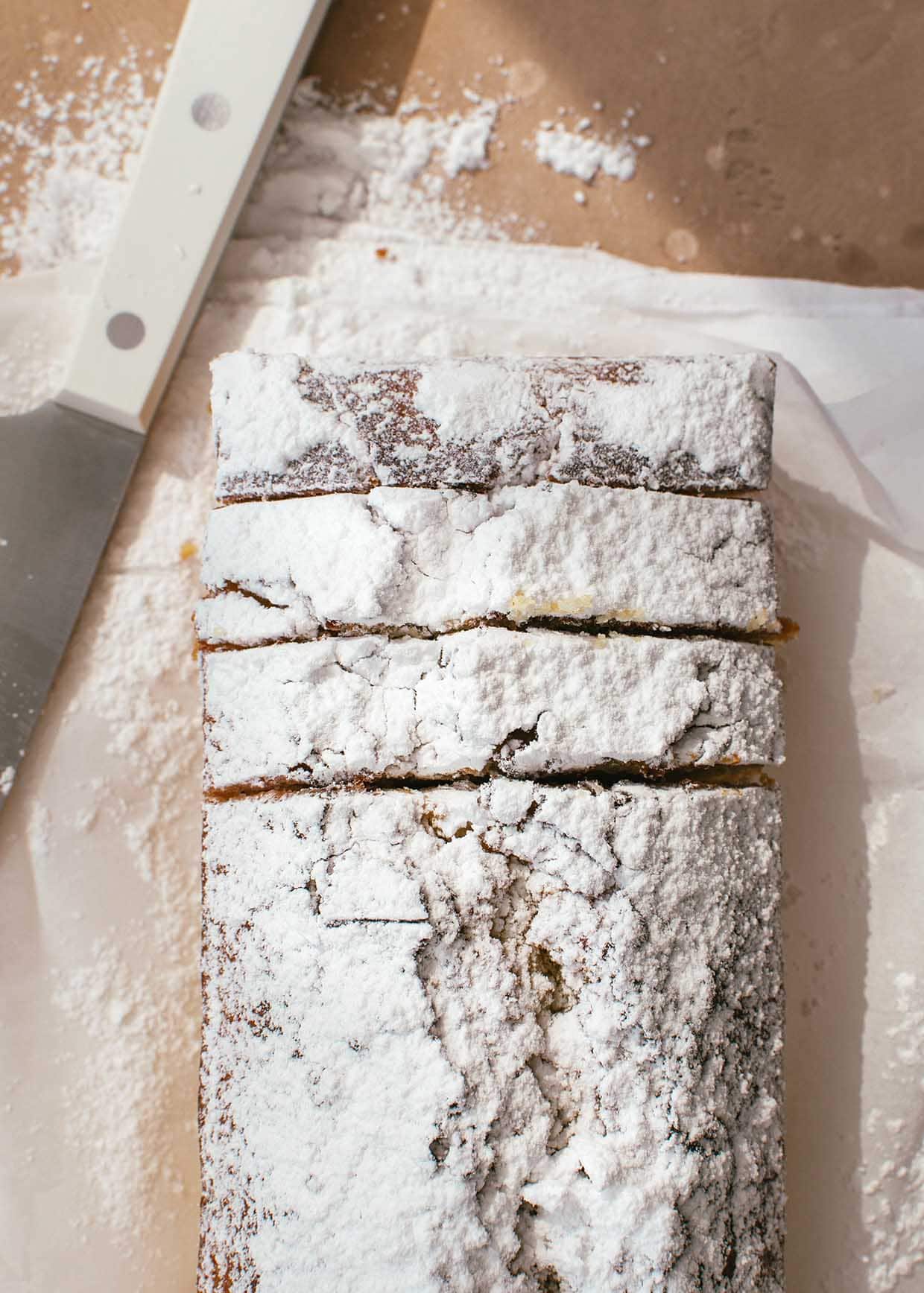 loaf cake with powdered sugar